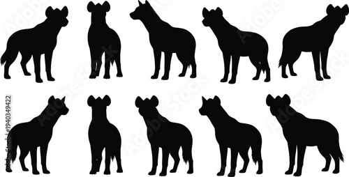 Hyena silhouettes collection, standing spotted hyena poses set, wild predator animal shapes, isolated wildlife vector illustration pack