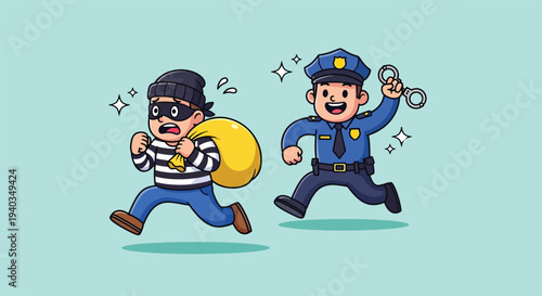 Cartoon illustration of a police officer chasing a thief with a bag of stolen goods.