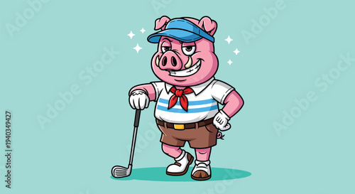 Cartoon Pig Golfer with Club and Visor.