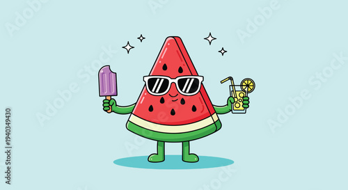 Cool Watermelon Character Enjoying Summer Treats Vector Illustration.
