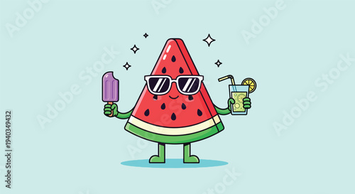 Cool Watermelon Character Enjoying Summer Treats.