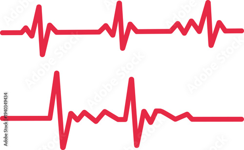 Red electrocardiogram heartbeat waveform set showing cardiac rhythm and medical pulse monitoring signals isolated on light background for healthcare, cardiology and health technology design