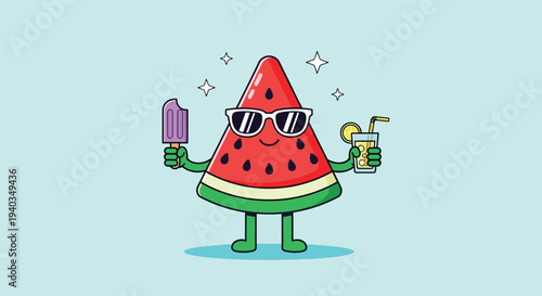 Cool Watermelon Character Enjoying Summer Treats 1.