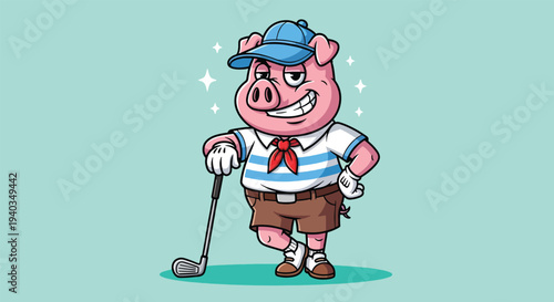 Confident Pig Golfer Cartoon Illustration.