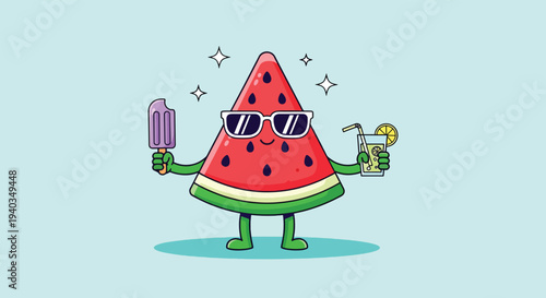 Cool Watermelon Slice with Sunglasses Ice Cream and Drink.