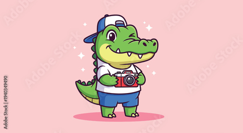 Cute Alligator Wearing Hat and Holding Camera Vector Illustration.