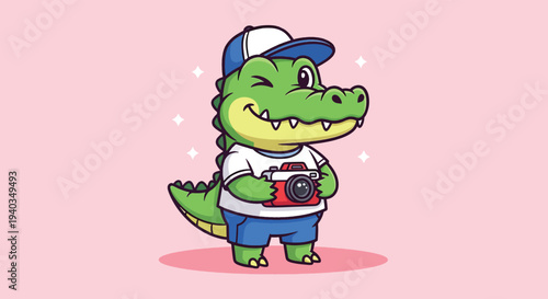 Cute Alligator Wearing Hat and Holding Camera.