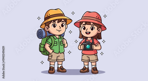 Cute Cartoon Couple Ready for Adventure Trip.