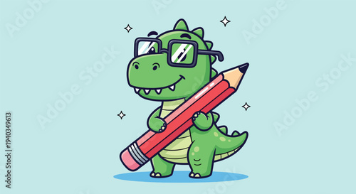 Cute Cartoon Dinosaur Wearing Glasses Holding a Big Pencil.