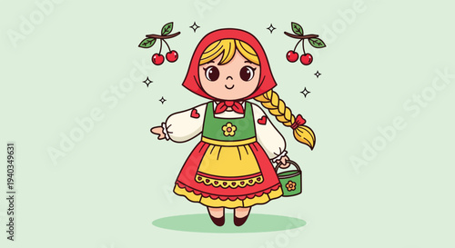 Cute Cartoon Girl in Traditional Russian Dress with Cherries.