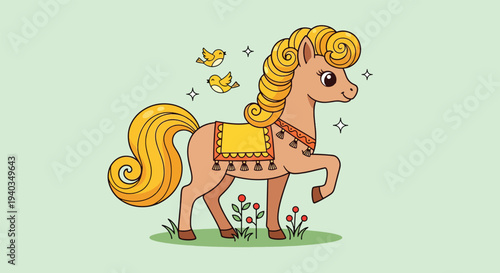 Cute Cartoon Horse with Golden Mane and Tail.