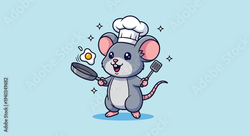 Cute Cartoon Mouse Chef Cooking Fried Egg Illustration.