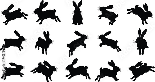 Rabbit silhouettes collection, jumping bunny poses set, black hare animal shapes, isolated wildlife vector illustration pack
