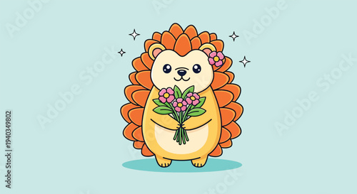 Cute Hedgehog Holding Flowers Adorable Cartoon Illustration.