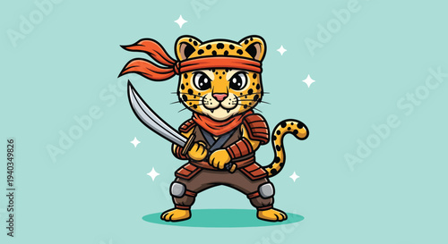 Cute Leopard Ninja Warrior with Katana Sword Cartoon Illustration.