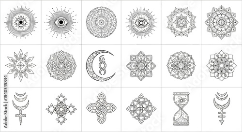 Collection of mystical and symbolic designs featuring celestial bodies and abstract patterns.