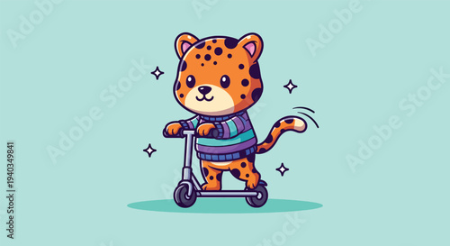 Cute Leopard Riding Scooter Cartoon Vector Illustration Vector Illustration.