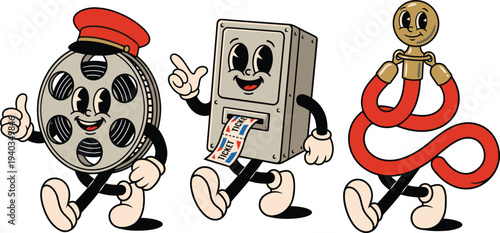 Retro cartoon characters representing old media and services in a playful vintage style
