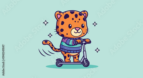 Cute Leopard Riding Scooter Cartoon Illustration.