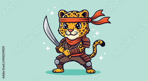 Cute Leopard Samurai Warrior Holding Katana Sword.