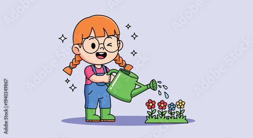 Cute Little Girl Watering Flowers in Garden.