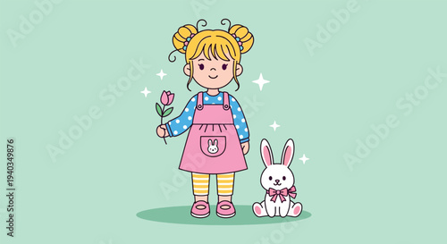 Cute little girl with bunny and flower Vector Illustration.