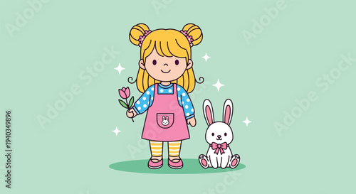 Cute little girl with pigtails holding a flower next to a white bunny.