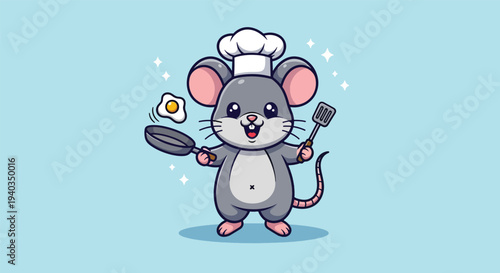 Cute Mouse Chef Cooking Fried Egg Illustration.