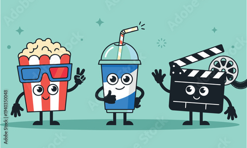 Cheerful cartoon popcorn soda and clapperboard characters smiling for a cinematic experience