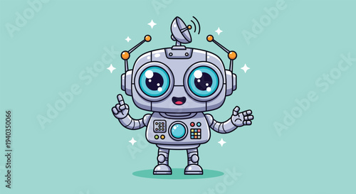 Cute robot with big eyes and antenna pointing up.
