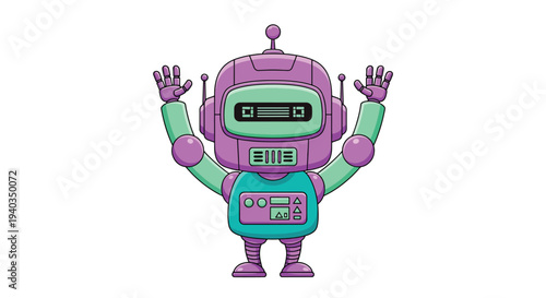 Cute Robot Character with Raised Hands.