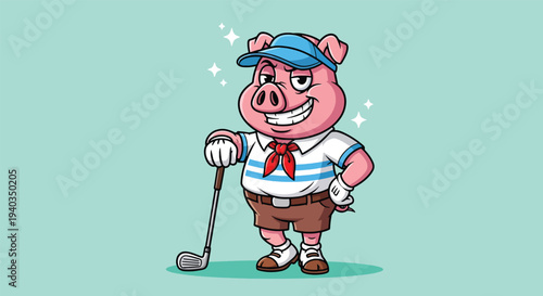 Happy Pig Golfer Cartoon Character Illustration.