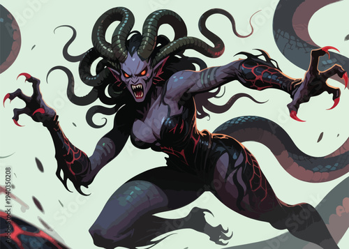 Fearsome demonic creature with glowing red eyes, fangs, clawed fingers, and snake like tentacles, aggressive posture, vivid fantasy illustration with dark purplish tones.
