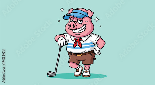 Happy Pig Golfer Cartoon Illustration.