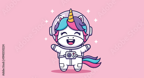 Happy Unicorn Astronaut Cartoon Vector Icon Illustration.