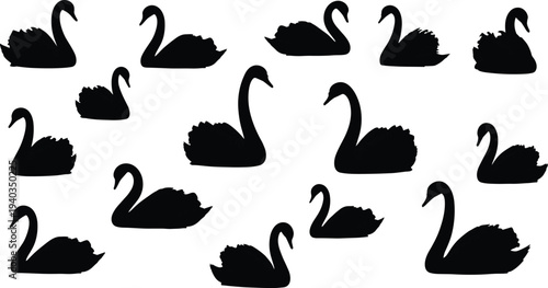Swan silhouettes collection, elegant swan swimming poses set, black water bird shapes, isolated wildlife vector illustration pack