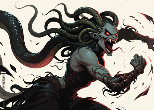 Dark demonic creature with glowing red eyes, fangs, forked tongue, snake like appendages and large horns, clawed hands raised in combat stance, vivid fantasy illustration.