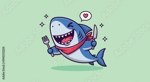 Hungry Cartoon Shark with Fork and Knife Ready to Eat.