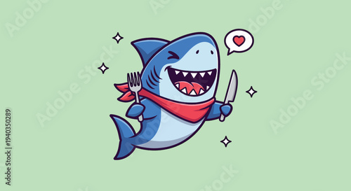 Hungry Shark Cartoon Character Ready to Eat with Fork and Knife.