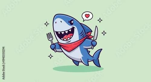 Hungry Shark Cartoon Character with Fork and Knife.