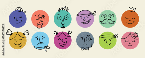A vibrant collection of unique doodle characters representing a wide range of human emotions