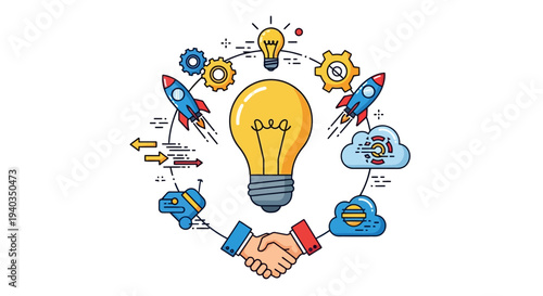 Visual metaphor for business innovation, startup development, and collaborative technology integration driving new ideas and growth