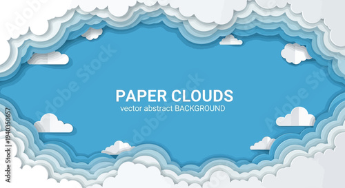 Abstract blue background with white paper clouds and wavy edges.
