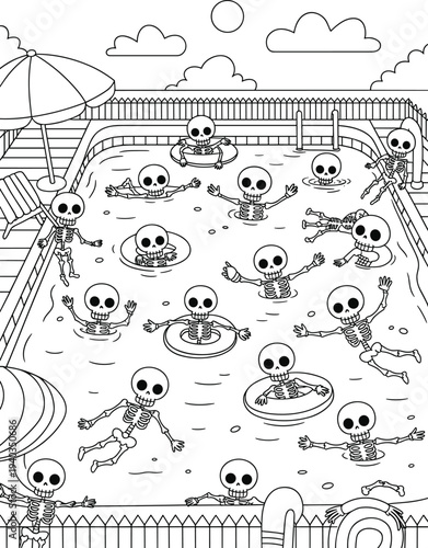 Black and white cartoon illustration of swimming pool filled with skeletons floating, swimming, and relaxing poolside, humorous surreal artwork for fantasy, summer, and creative themes