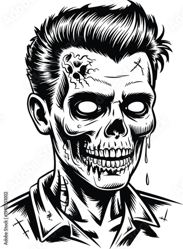 Black and white stylized zombie illustration with decayed face, hollow eyes, exposed skull and teeth, dripping mouth, horror art concept for Halloween, graphic novel, creepy undead character