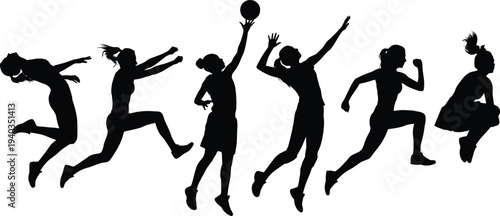 Female basketball player silhouettes jumping and running, women sport action poses collection, athlete fitness activity isolated vector illustration