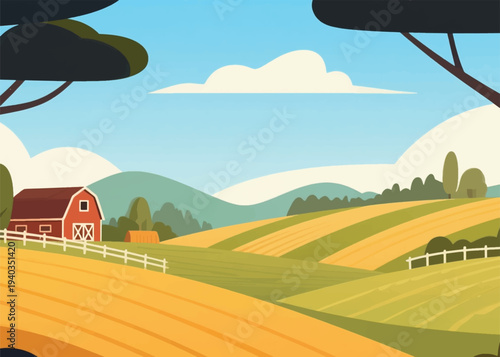 Colorful rural landscape with golden fields, plow lines, white fence, red barn, green hills, trees and bright sky, stylized vector illustration of peaceful countryside farming.