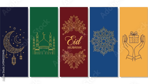 A series of five vertical banners with gold Islamic designs on colored backgrounds, featuring crescent moons, mosques, Eid text, geometric patterns, and hands holding gifts.