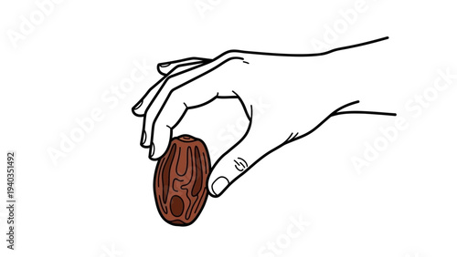 Hand holding a date fruit in a simple line drawing style