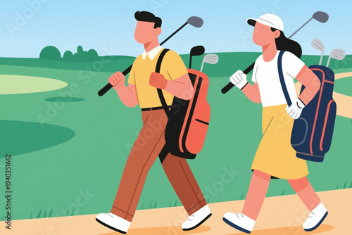 Two golfers walking on green course carrying golf bags with clubs, one in yellow shirt and brown pants, the other in white shirt, yellow skirt and cap, flat vector illustration.
